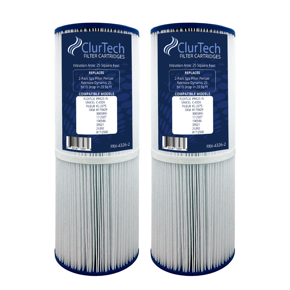 ClurTech 2 Pack Replacement Pentair Rainbow Dynamic 25 5X13 Drop In 25 Sq Ft Spa Filter Cartridge PRB25-IN C-4326 FC-2375 R173429 3005845 17-2327 100586 33521 25392 817-2500