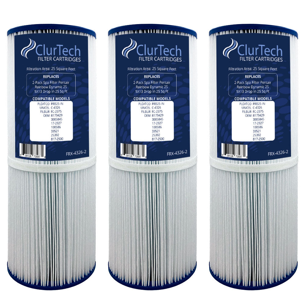 ClurTech Replacement 3 Pack Pentair Rainbow Dynamic 25 5X13 Drop In 25 Sq Ft Spa Filter Cartridge PRB25-IN C-4326 FC-2375 R173429 3005845 17-2327 100586 33521 25392 817-2500