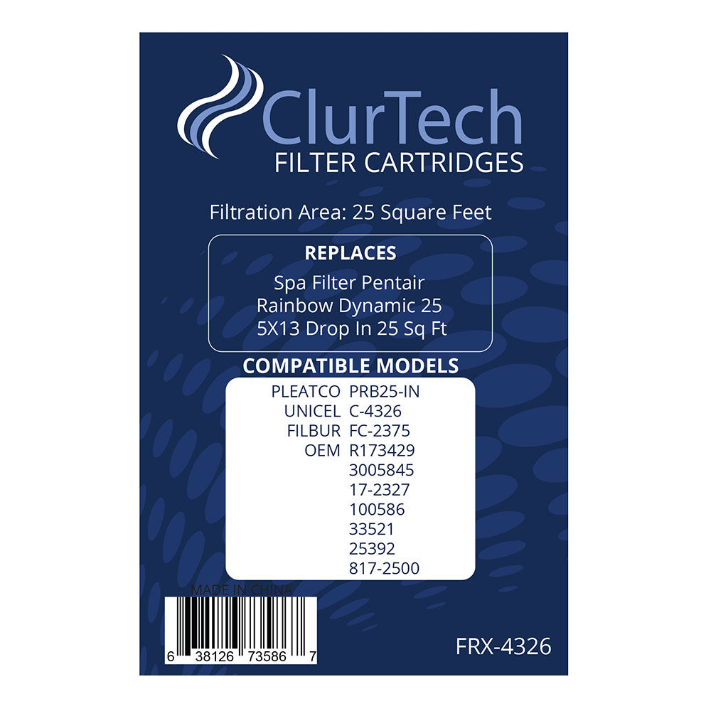 ClurTech Replacement 4 Pack Pentair Rainbow Dynamic 25 5X13 Drop In 25 Sq Ft Spa Filter Cartridge PRB25-IN C-4326 FC-2375 R173429 3005845 17-2327 100586 33521 25392 817-2500