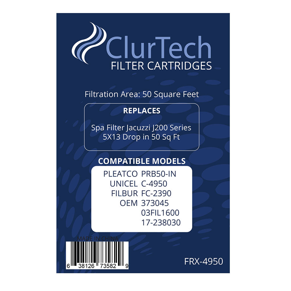 ClurTech Replacement 4 Pack Jacuzzi J200 Series 5X13 Drop in 50 Sq Ft Spa Filter Cartridge PRB50-IN C-4950 FC-2390 373045 03FIL1600 17-2380
