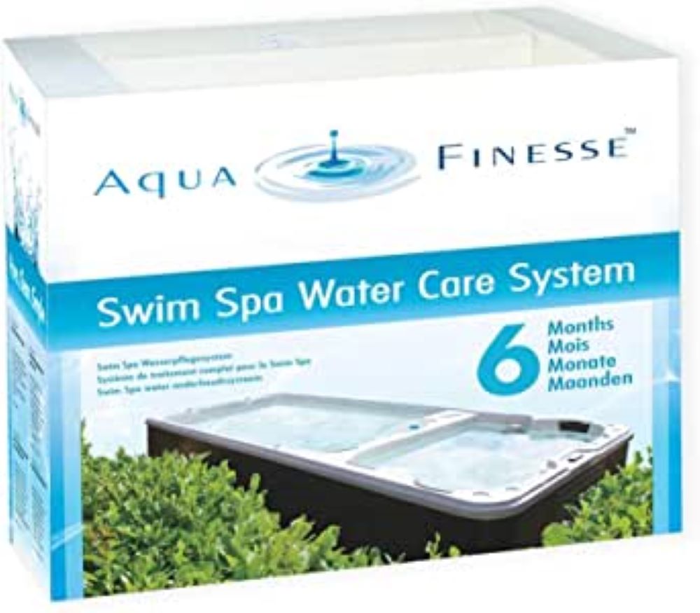 Aquafinesse swim spa kit. Includes 1 jar of 20 swimspa tabs, 1 Filter cleaner & Test strip