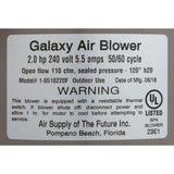 Blower, Air Supply Galaxy Pro, 2.0hp, 230v, 5.5A, Hardwire