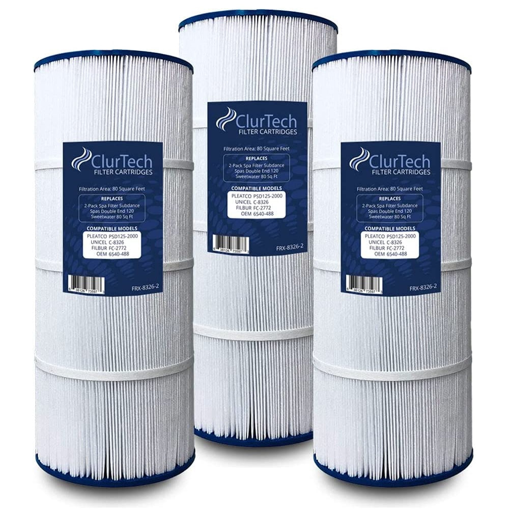 ClurTech Replacement 3 Pack Sundance Spas Double End 120 Sweetwater 80 Sq Ft Spa Filter Cartridge PSD125-2000 C-8326 FC-2772 6540-488