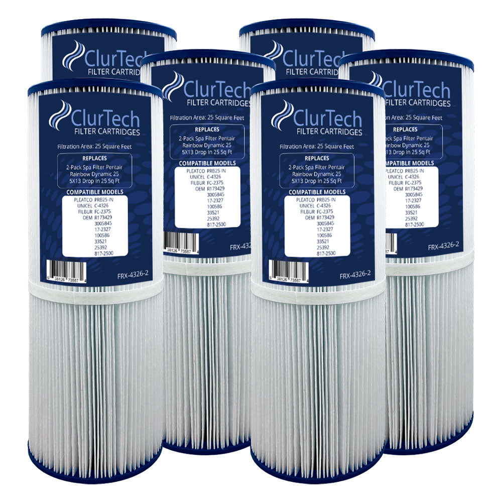 ClurTech Replacement 6 Pack Pentair Rainbow Dynamic 25 5X13 Drop In 25 Sq Ft Spa Filter Cartridge PRB25-IN C-4326 FC-2375 R173429 3005845 17-2327 100586 33521 25392 817-2500